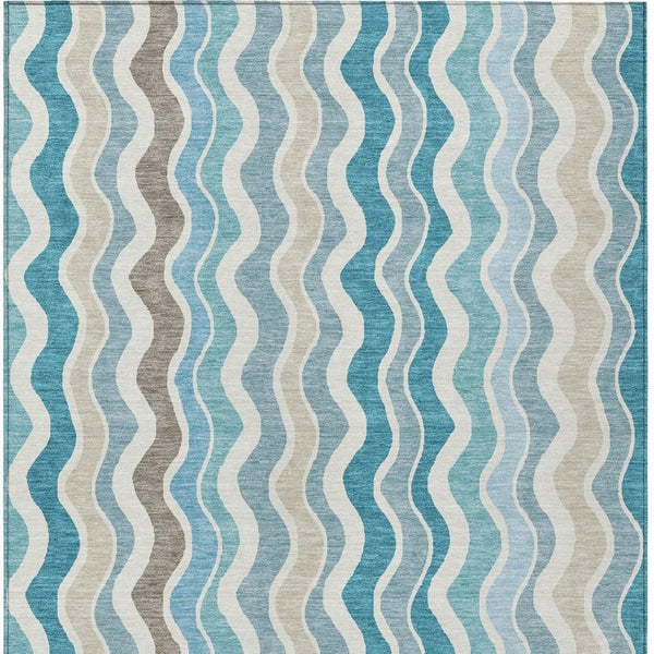 HomeRoots 9' X 12' Coastal-Inspired Teal Blue Striped Area Rug - Washable, Durable, Indoor/Outdoor Versatility 660557