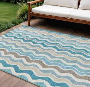 HomeRoots 9' X 12' Coastal-Inspired Teal Blue Striped Area Rug - Washable, Durable, Indoor/Outdoor Versatility 660557