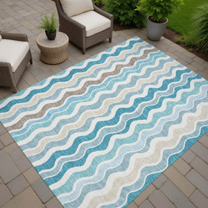 HomeRoots 9' X 12' Coastal-Inspired Teal Blue Striped Area Rug - Washable, Durable, Indoor/Outdoor Versatility 660557