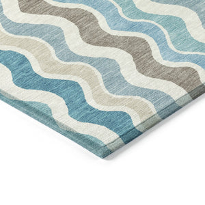 HomeRoots 9' X 12' Coastal-Inspired Teal Blue Striped Area Rug - Washable, Durable, Indoor/Outdoor Versatility 660557