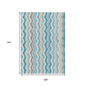 HomeRoots 9' X 12' Coastal-Inspired Teal Blue Striped Area Rug - Washable, Durable, Indoor/Outdoor Versatility 660557