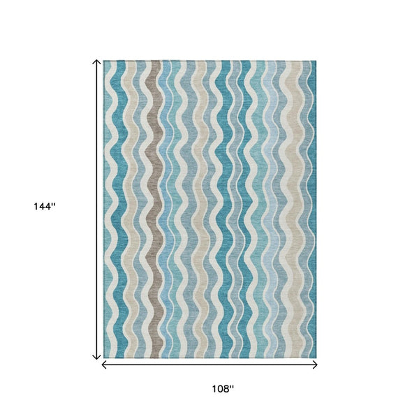 HomeRoots 9' X 12' Coastal-Inspired Teal Blue Striped Area Rug - Washable, Durable, Indoor/Outdoor Versatility 660557