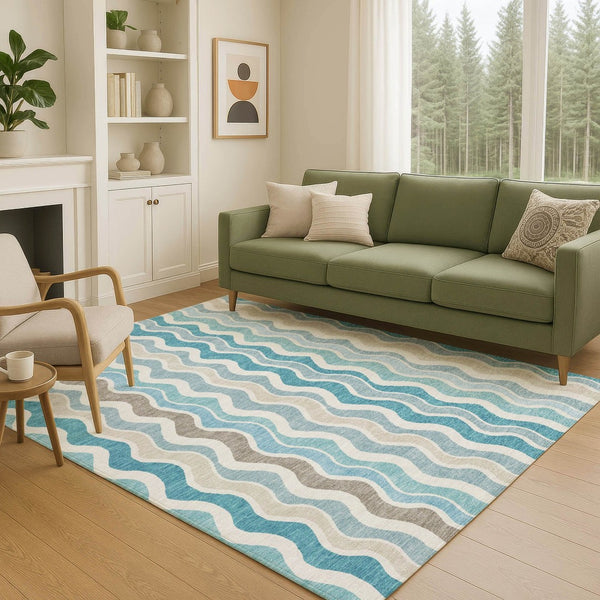 HomeRoots 9' X 12' Coastal-Inspired Teal Blue Striped Area Rug - Washable, Durable, Indoor/Outdoor Versatility 660557