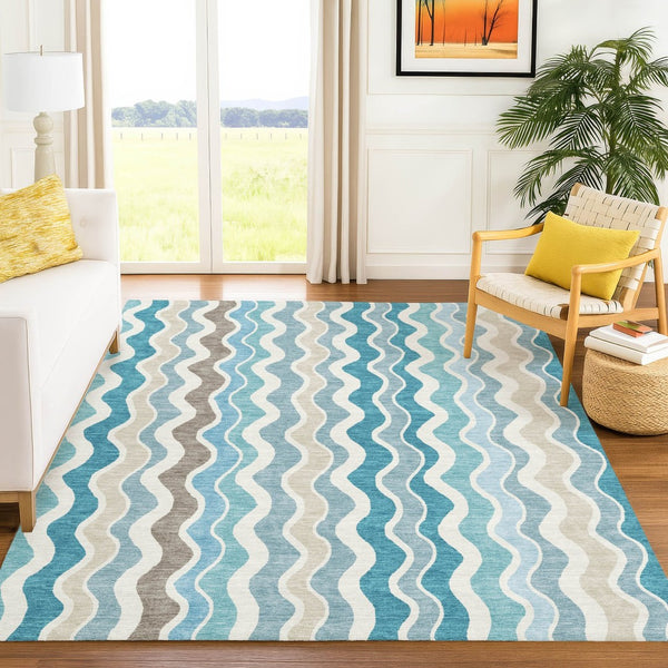 HomeRoots 9' X 12' Coastal-Inspired Teal Blue Striped Area Rug - Washable, Durable, Indoor/Outdoor Versatility 660557