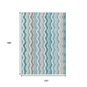 HomeRoots 10' Teal Blue, Ivory & Beige Striped Washable Area Rug - Durable for Indoor/Outdoor Spaces, Easy Care! 660558