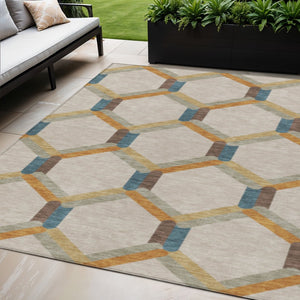 HomeRoots 5' X 8' Beige Wheat and Blue Geometric Area Rug – Stylish, Washable, Stain-Resistant for Indoor & Outdoor 660560