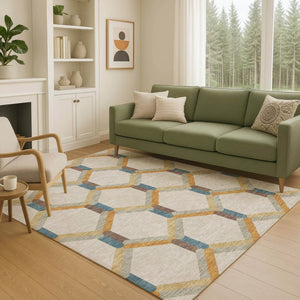 HomeRoots 5' X 8' Beige Wheat and Blue Geometric Area Rug – Stylish, Washable, Stain-Resistant for Indoor & Outdoor 660560
