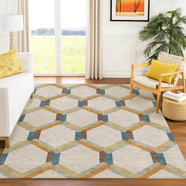 HomeRoots 5' X 8' Beige Wheat and Blue Geometric Area Rug – Stylish, Washable, Stain-Resistant for Indoor & Outdoor 660560