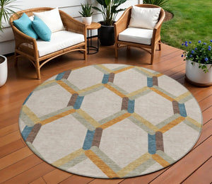HomeRoots 8' Round Geometric Area Rug in Beige, Wheat, and Blue - Washable, Durable, Indoor/Outdoor Use! 660561