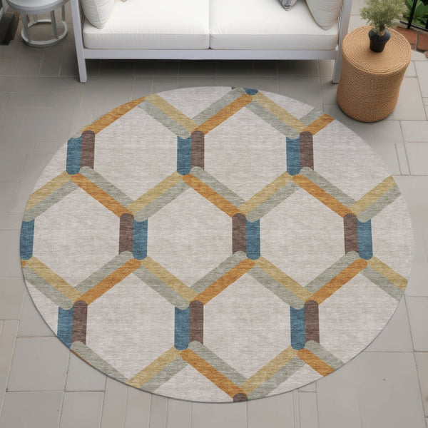 HomeRoots 8' Round Geometric Area Rug in Beige, Wheat, and Blue - Washable, Durable, Indoor/Outdoor Use! 660561