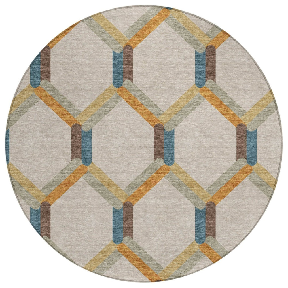 HomeRoots 8' Round Geometric Area Rug in Beige, Wheat, and Blue - Washable, Durable, Indoor/Outdoor Use! 660561
