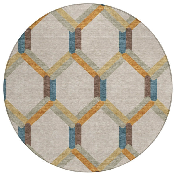 HomeRoots 8' Round Geometric Area Rug in Beige, Wheat, and Blue - Washable, Durable, Indoor/Outdoor Use! 660561