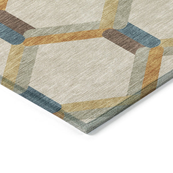 HomeRoots 8' Round Geometric Area Rug in Beige, Wheat, and Blue - Washable, Durable, Indoor/Outdoor Use! 660561