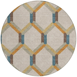 HomeRoots 8' Round Geometric Area Rug in Beige, Wheat, and Blue - Washable, Durable, Indoor/Outdoor Use! 660561