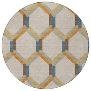 HomeRoots 8' Round Geometric Area Rug in Beige, Wheat, and Blue - Washable, Durable, Indoor/Outdoor Use! 660561