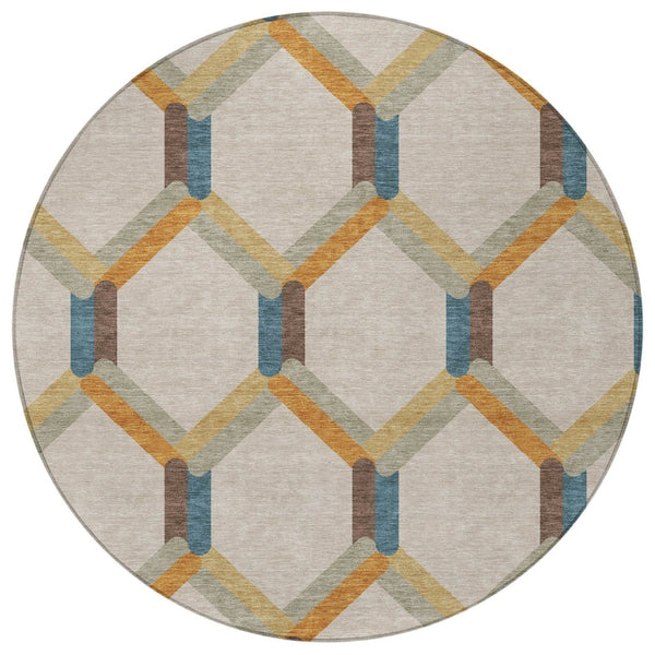 HomeRoots 8' Round Geometric Area Rug in Beige, Wheat, and Blue - Washable, Durable, Indoor/Outdoor Use! 660561