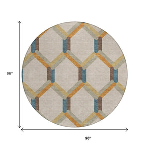 HomeRoots 8' Round Geometric Area Rug in Beige, Wheat, and Blue - Washable, Durable, Indoor/Outdoor Use! 660561