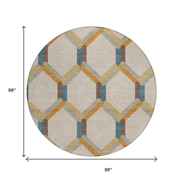 HomeRoots 8' Round Geometric Area Rug in Beige, Wheat, and Blue - Washable, Durable, Indoor/Outdoor Use! 660561