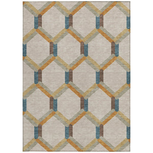 HomeRoots 8' X 10' Beige Wheat & Blue Geometric Area Rug - Stylish, Washable, Indoor/Outdoor, Durable Design 660562