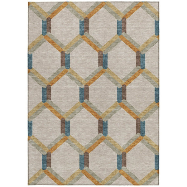 HomeRoots 8' X 10' Beige Wheat & Blue Geometric Area Rug - Stylish, Washable, Indoor/Outdoor, Durable Design 660562
