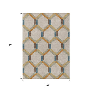 HomeRoots 8' X 10' Beige Wheat & Blue Geometric Area Rug - Stylish, Washable, Indoor/Outdoor, Durable Design 660562