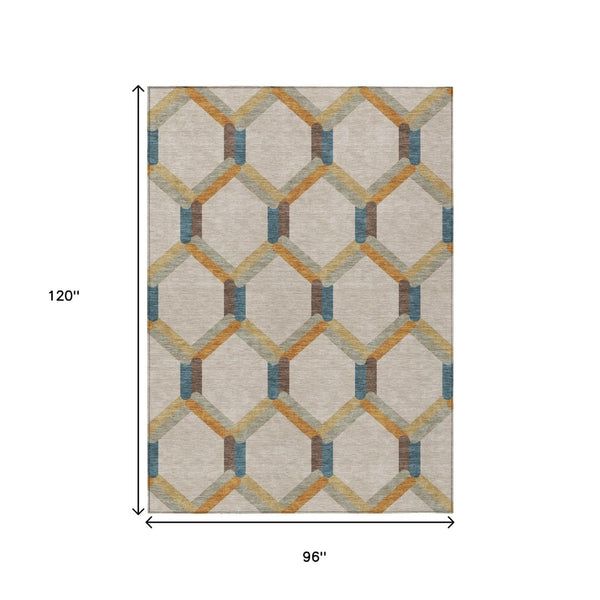 HomeRoots 8' X 10' Beige Wheat & Blue Geometric Area Rug - Stylish, Washable, Indoor/Outdoor, Durable Design 660562