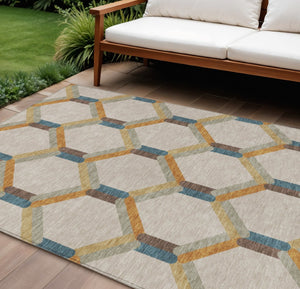 HomeRoots 8' X 10' Beige Wheat & Blue Geometric Area Rug - Stylish, Washable, Indoor/Outdoor, Durable Design 660562