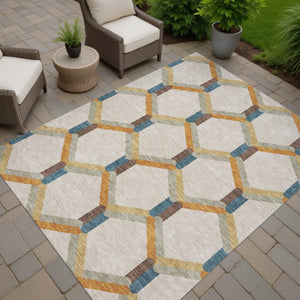 HomeRoots 8' X 10' Beige Wheat & Blue Geometric Area Rug - Stylish, Washable, Indoor/Outdoor, Durable Design 660562