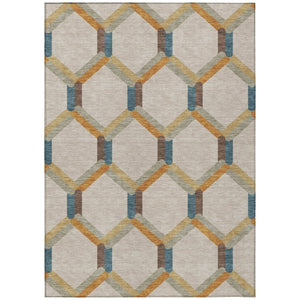 HomeRoots 8' X 10' Beige Wheat & Blue Geometric Area Rug - Stylish, Washable, Indoor/Outdoor, Durable Design 660562