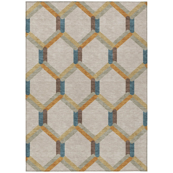 HomeRoots 8' X 10' Beige Wheat & Blue Geometric Area Rug - Stylish, Washable, Indoor/Outdoor, Durable Design 660562