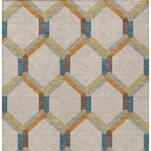 HomeRoots 8' X 10' Beige Wheat & Blue Geometric Area Rug - Stylish, Washable, Indoor/Outdoor, Durable Design 660562