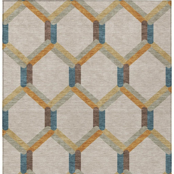 HomeRoots 8' X 10' Beige Wheat & Blue Geometric Area Rug - Stylish, Washable, Indoor/Outdoor, Durable Design 660562