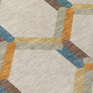 HomeRoots 8' X 10' Beige Wheat & Blue Geometric Area Rug - Stylish, Washable, Indoor/Outdoor, Durable Design 660562
