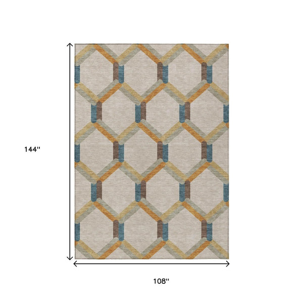 HomeRoots 9' X 12' Washable Beige Wheat & Blue Geometric Area Rug - Stylish Indoor/Outdoor Decor Solution! 660563