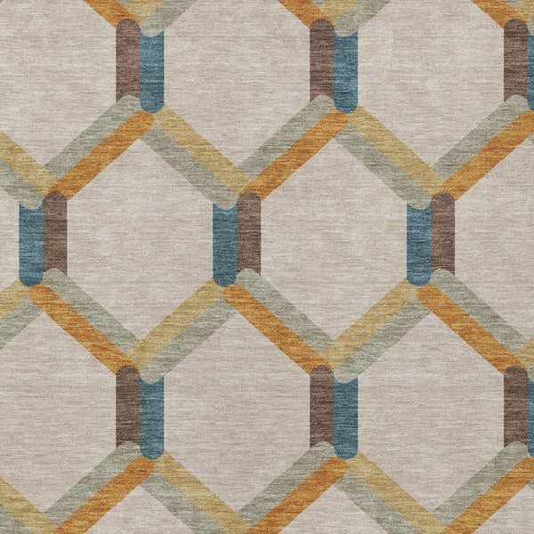 HomeRoots 9' X 12' Washable Beige Wheat & Blue Geometric Area Rug - Stylish Indoor/Outdoor Decor Solution! 660563