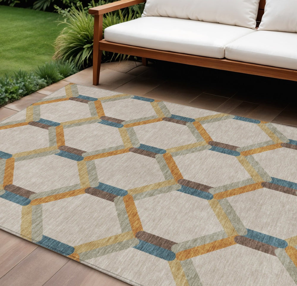 HomeRoots 10' Beige Wheat and Blue Geometric Washable Area Rug – Durable, Stylish for Indoor & Outdoor Spaces! 660564
