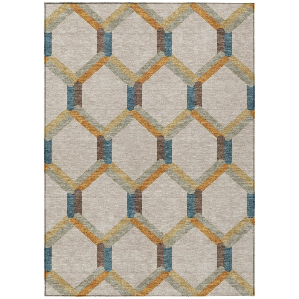 HomeRoots 10' Beige Wheat and Blue Geometric Washable Area Rug – Durable, Stylish for Indoor & Outdoor Spaces! 660564