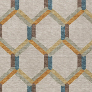 HomeRoots 10' Beige Wheat and Blue Geometric Washable Area Rug – Durable, Stylish for Indoor & Outdoor Spaces! 660564