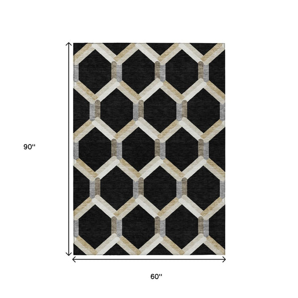 HomeRoots 5' Geometric Washable Area Rug in Black, Ivory & Wheat - Stylish, Durable for Indoor & Outdoor Use 660566
