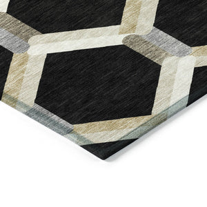 HomeRoots 5' Geometric Washable Area Rug in Black, Ivory & Wheat - Stylish, Durable for Indoor & Outdoor Use 660566