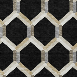 HomeRoots 5' Geometric Washable Area Rug in Black, Ivory & Wheat - Stylish, Durable for Indoor & Outdoor Use 660566