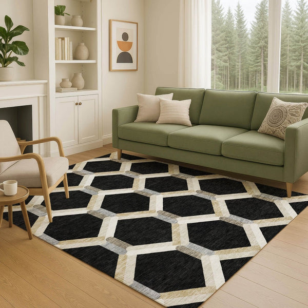 HomeRoots 5' Geometric Washable Area Rug in Black, Ivory & Wheat - Stylish, Durable for Indoor & Outdoor Use 660566