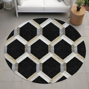 HomeRoots 8' Modern Round Geometric Area Rug in Black, Ivory & Wheat - Washable for Indoor & Outdoor Use 660567