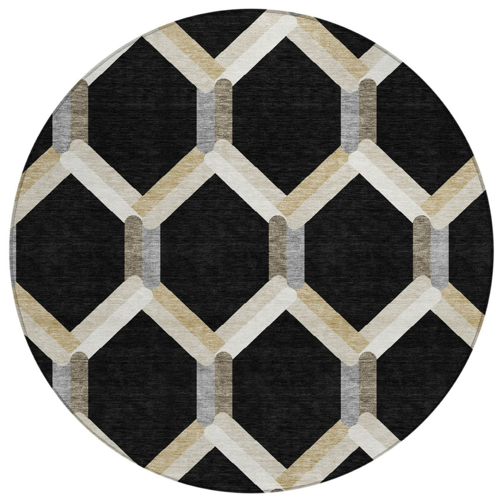 HomeRoots 8' Modern Round Geometric Area Rug in Black, Ivory & Wheat - Washable for Indoor & Outdoor Use 660567