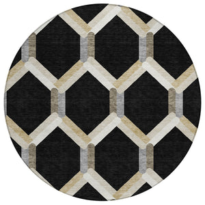 HomeRoots 8' Modern Round Geometric Area Rug in Black, Ivory & Wheat - Washable for Indoor & Outdoor Use 660567