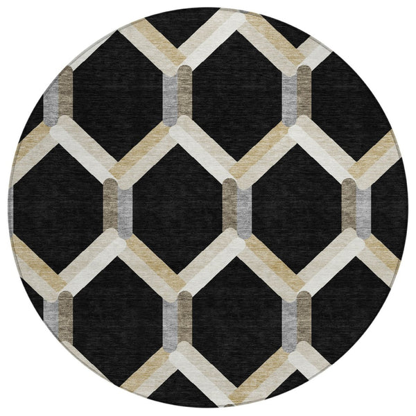 HomeRoots 8' Modern Round Geometric Area Rug in Black, Ivory & Wheat - Washable for Indoor & Outdoor Use 660567
