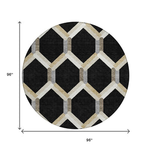 HomeRoots 8' Modern Round Geometric Area Rug in Black, Ivory & Wheat - Washable for Indoor & Outdoor Use 660567