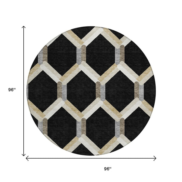 HomeRoots 8' Modern Round Geometric Area Rug in Black, Ivory & Wheat - Washable for Indoor & Outdoor Use 660567