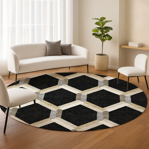 HomeRoots 8' Modern Round Geometric Area Rug in Black, Ivory & Wheat - Washable for Indoor & Outdoor Use 660567
