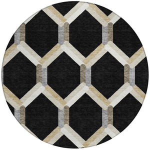 HomeRoots 8' Modern Round Geometric Area Rug in Black, Ivory & Wheat - Washable for Indoor & Outdoor Use 660567